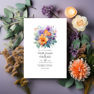 Convite Casamento Floral Roxo Pastel, Laranja e Hortelã