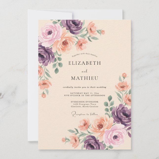 Convite Casamento Floral Roxo Pêssego (Frente)