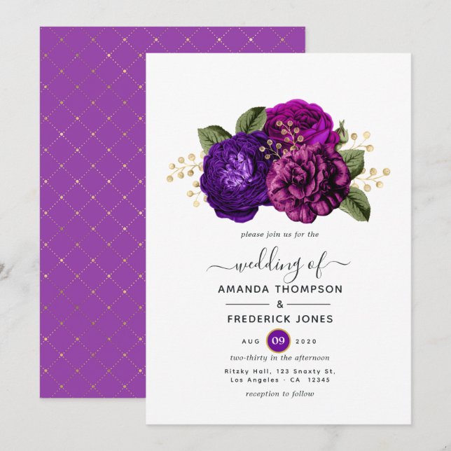 Convite Casamento Floral Roxo Real e Dourado (Frente/Verso)