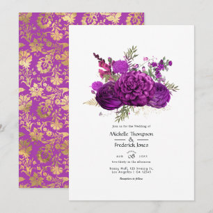 Convite Casamento Floral Roxo Real e Dourado