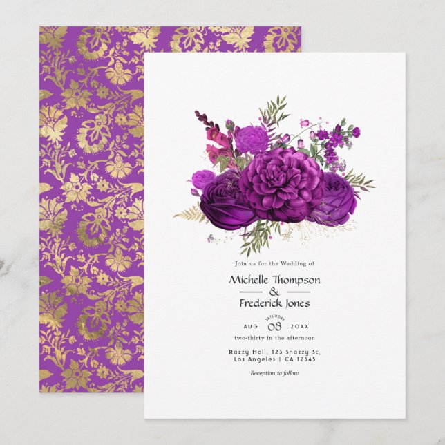 Convite Casamento Floral Roxo Real e Dourado (Frente/Verso)