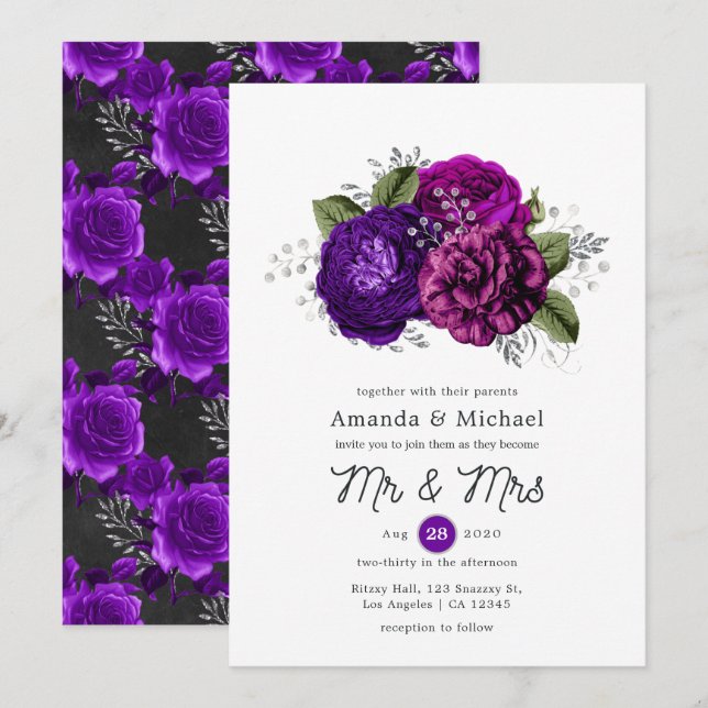 Convite Casamento Floral Roxo Real e Prata (Frente/Verso)