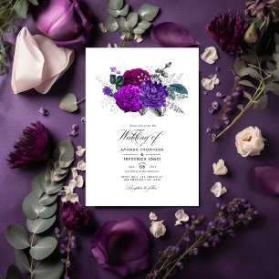 Convite Casamento Floral Roxo Real e Prata Vintage