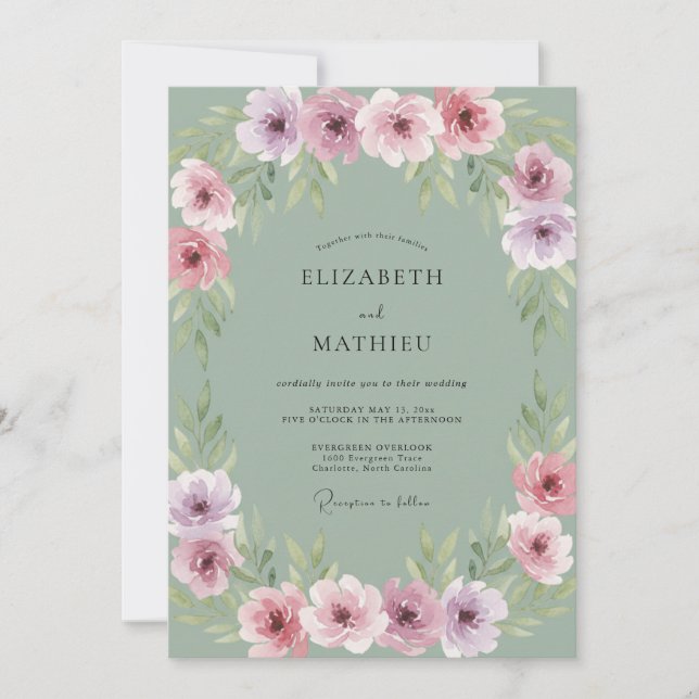 Convite Casamento Floral Roxo Rosa (Frente)