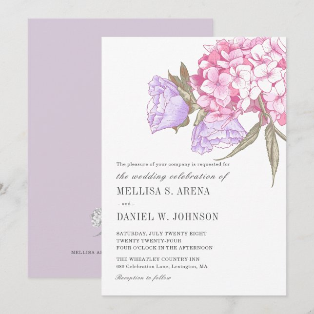 Convite Casamento Floral Roxo Rosa Elegante (Frente/Verso)