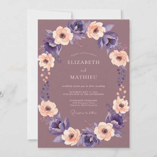 Convite Casamento Floral Roxo Rosa Pêssego (Frente)