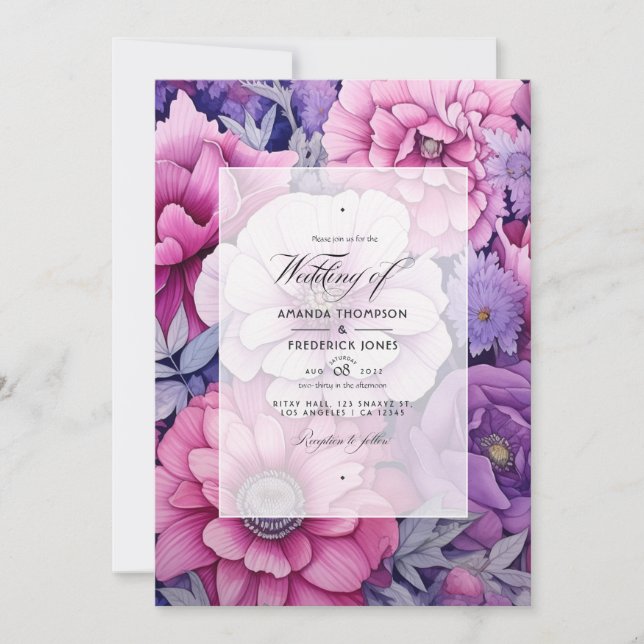 Convite Casamento Floral Roxo Rosado de Primavera (Frente)