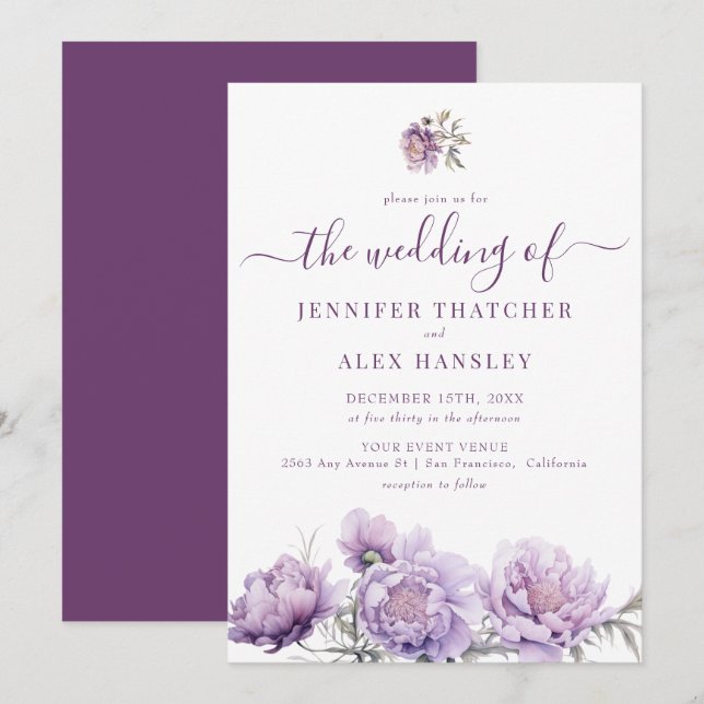 Convite Casamento Floral Roxo Rústico (Frente/Verso)