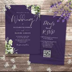 Convite Casamento Floral Roxo Rústico com Código QR