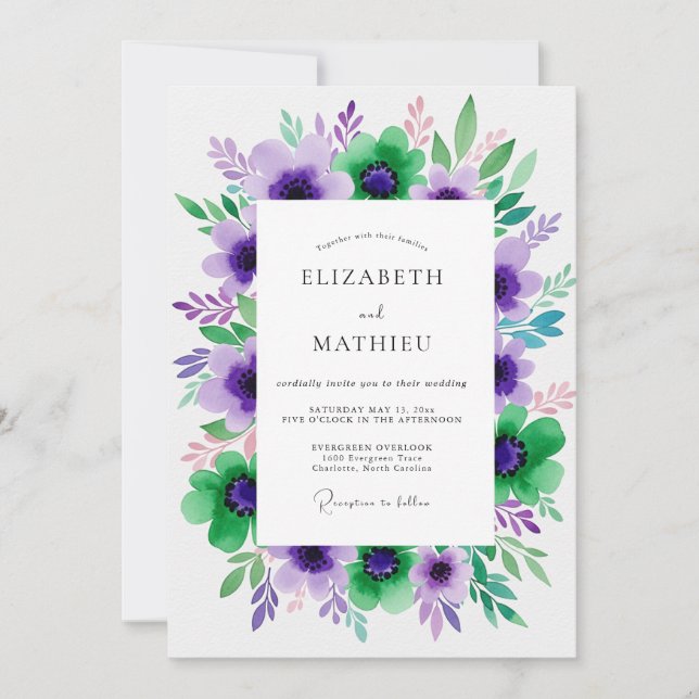 Convite Casamento Floral Roxo Verde (Frente)