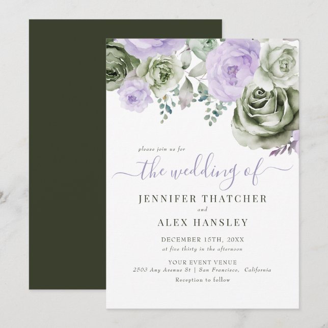 Convite Casamento Floral Roxo Verde (Frente/Verso)