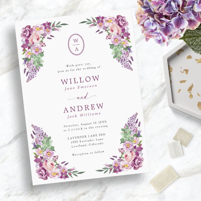 Convite Casamento Floral Roxo Vintage (Vintage Purple Floral Wedding Invitation
)