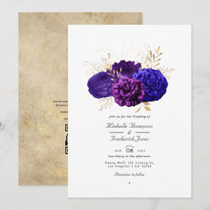 Convite Casamento Floral Roxo Vintage, Azul Real e Dourado