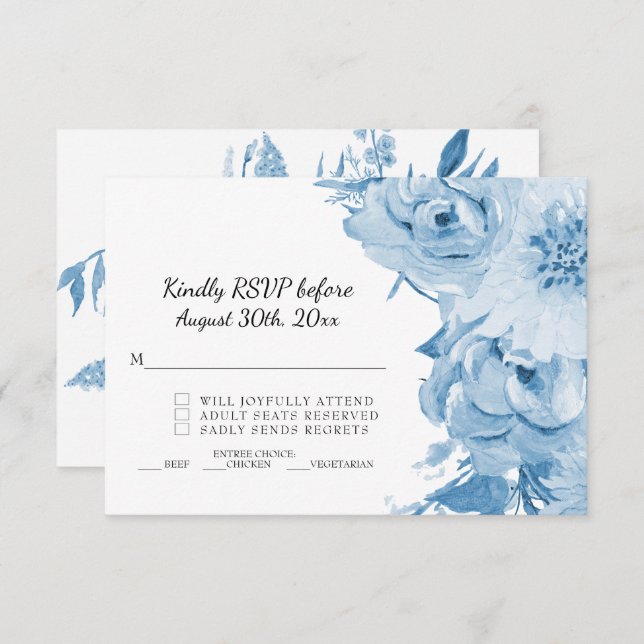 Convite Casamento Floral RSVP Azul Claro n Branco (Frente/Verso)