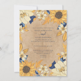 Convite Casamento Floral Russo Azul-Girassol Amarelo