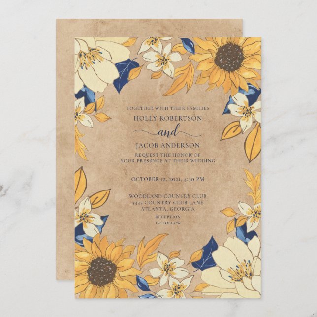 Convite Casamento Floral Russo Azul-Girassol Amarelo (Frente/Verso)