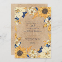 Convite Casamento Floral Russo Azul-Girassol Amarelo