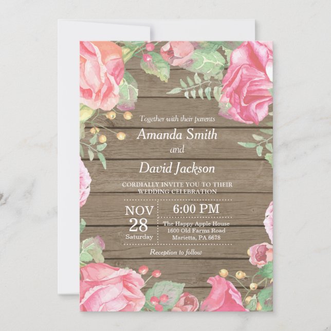 Convite Casamento Floral Russo - Cor de Água Rosa (Frente)
