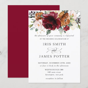 Convite Casamento Floral Russo De Borgonha Queimada Laranj