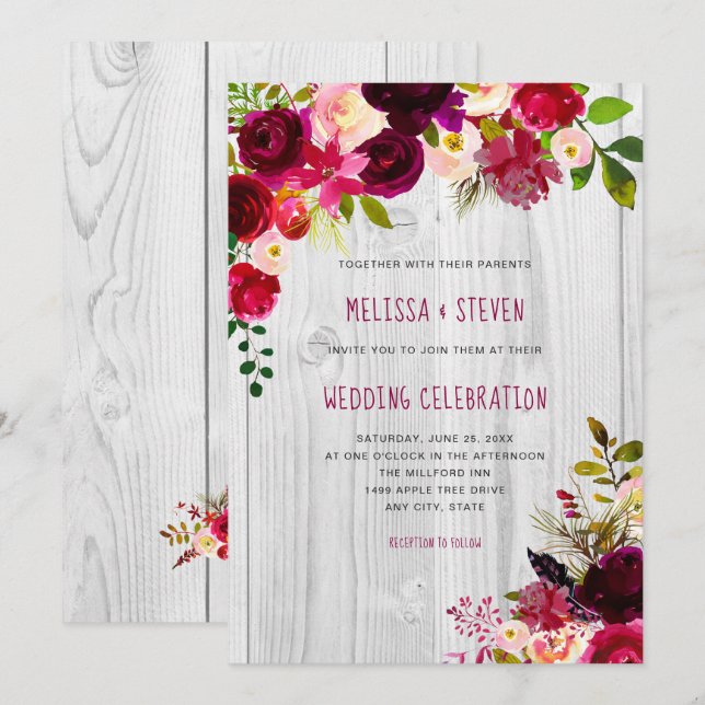Convite Casamento floral russo de burlu + madeira branca (Frente/Verso)