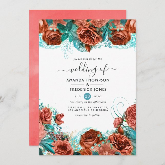 Convite Casamento Floral Russo de Coral Turquesa e Vivo (Frente/Verso)