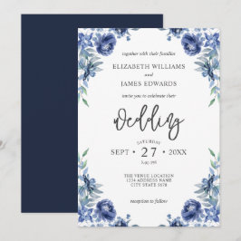 Convite Casamento Floral Russo do Marinho Azul Elegante