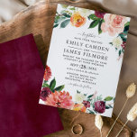 Convite Casamento Floral Russo Elegante Burgundy Blush Que<br><div class="desc">Este design de convite de casamento no estilo rústico apresenta uma redação elegante, enquadrada por uma coroa de verão e outono, flores de aquarela, incluindo rosas, dahlias, flores de peônia, e verde, numa bela paleta de outono de vermelho-lenhoso, amarelo-ouro, laranja-cor-de-pêssego, rosa-pincel e tons de verde. Personalize o texto da cinza...</div>