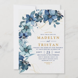 Convite Casamento Floral Russo Minimalista Branco e Azul