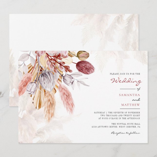 Convite Casamento Floral Russo Pampas Grass Tan (Frente/Verso)