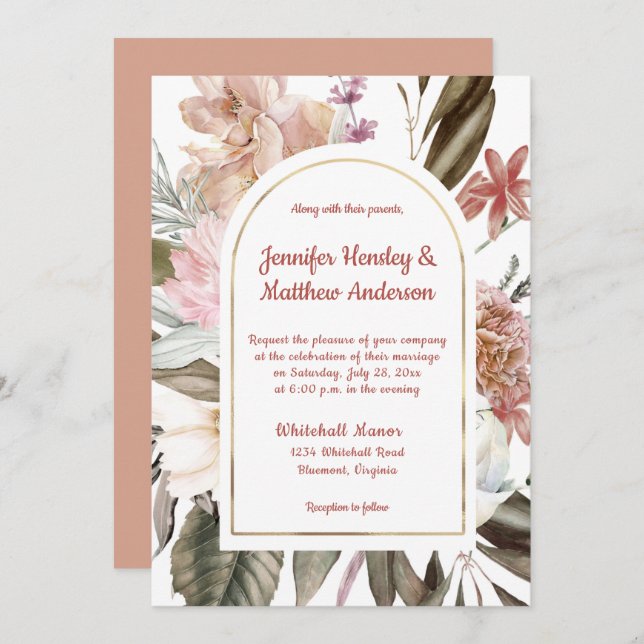 Convite Casamento Floral Russo Peach e Terracotta I (Frente/Verso)
