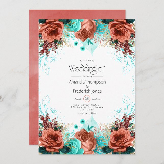 Convite Casamento Floral Russo-Turquesa e Coral (Frente/Verso)