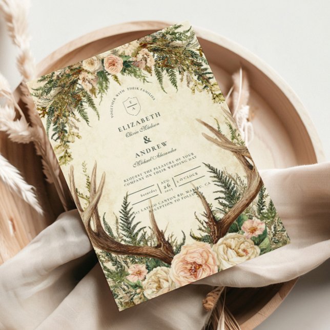 Convite Casamento Floral Rustic Antler Woodland (Criador carregado)