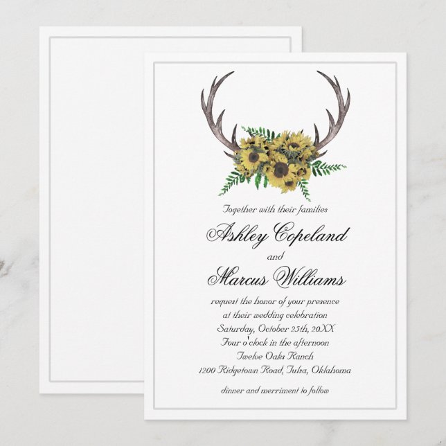 Convite Casamento Floral Rustic Antlers Boho Sunflower (Frente/Verso)