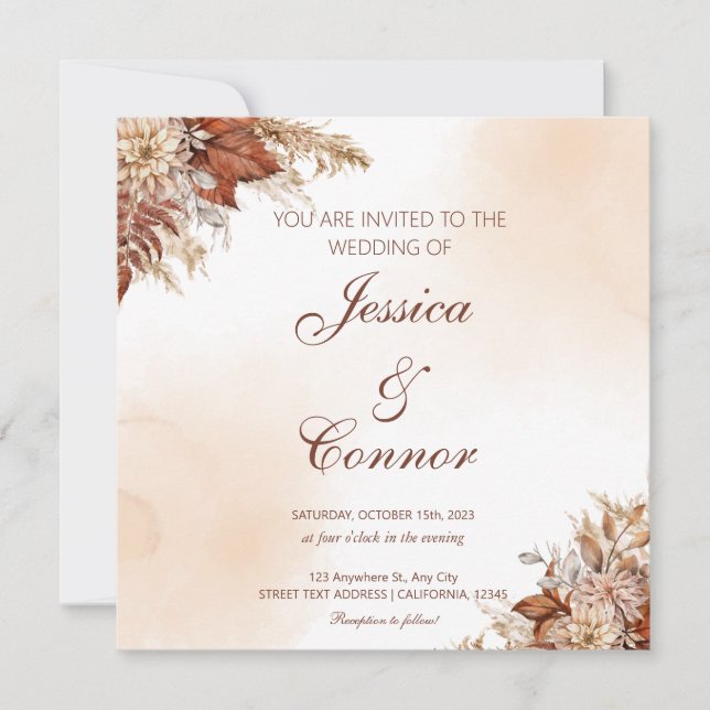 Convite Casamento Floral Rustic Autumn Watercolor (Frente)