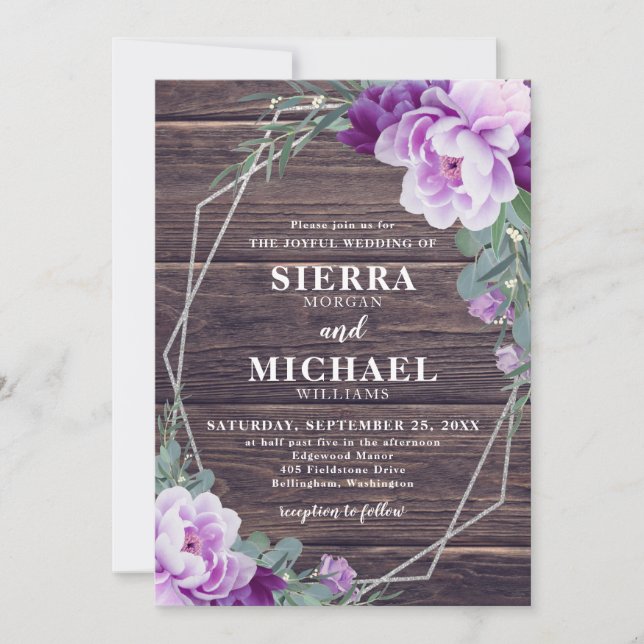 Convite Casamento Floral Rustic Barnwood Silver & Purple (Frente)