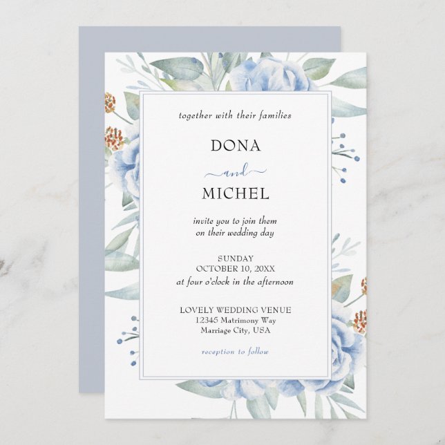 Convite Casamento Floral Rustic Blue Winter (Frente/Verso)