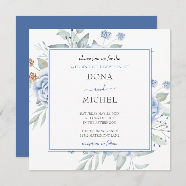 Convite Casamento Floral Rustic Blue Winter (Frente/Verso)