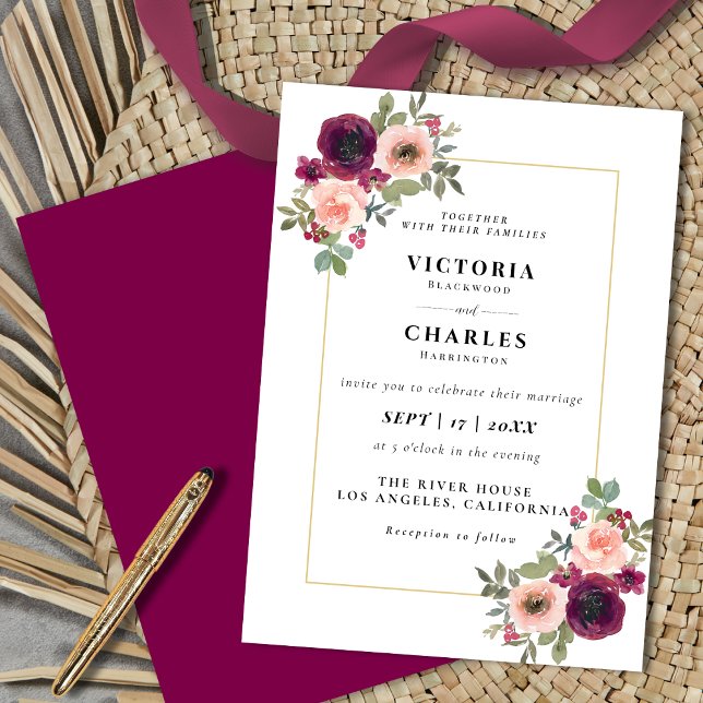 Convite Casamento Floral Rustic Blush & Burgundy Watercolo (Rustic Blush & Burgundy Watercolor Floral Wedding Invitation)
