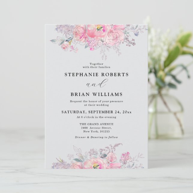Convite Casamento Floral Rustic Blush Pink Watercolor (Em pé/Frente)