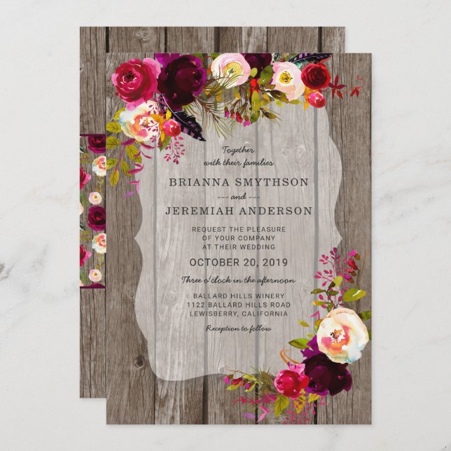 Convite Casamento floral Rustic Boho Barn Wood Burgundy (Frente/Verso)