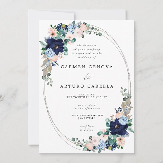 Convite Casamento Floral Rustic Boho Blush Pink Dusty Azul (Frente)
