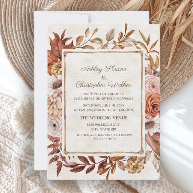 Convite Casamento Floral Rustic Boho Fall Autumn (Rustic brown leaves and blush pink floral fall/autumn wedding invitation)