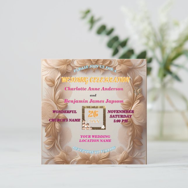 Convite Casamento Floral Rustic Boho Ouro Glitter (Em pé/Frente)