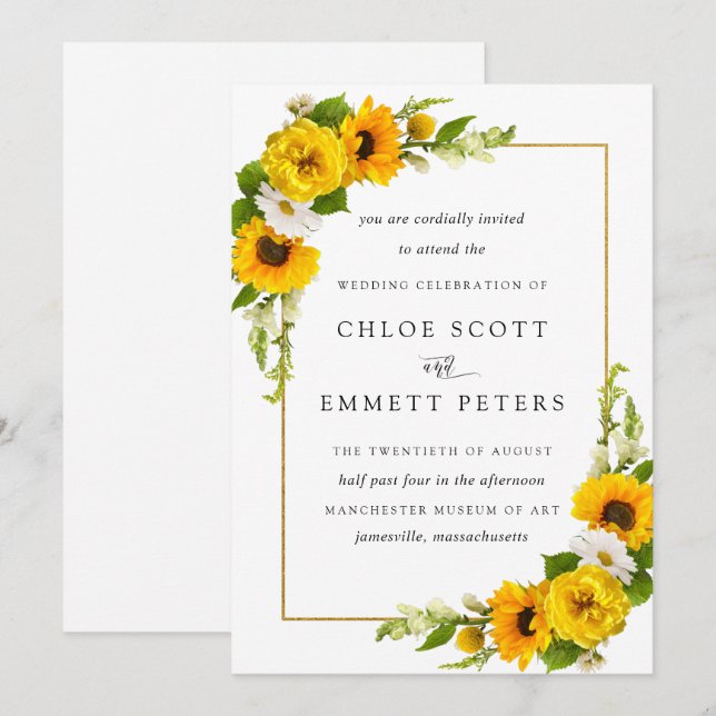 Convite Casamento Floral Rustic Boho Sunflower Yellow Summ (Frente/Verso)