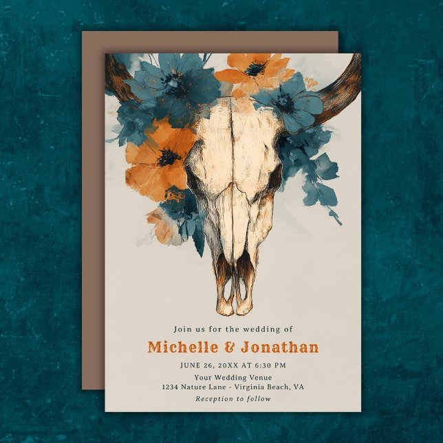 Convite Casamento Floral Rustic Boho Western Cow (Rustic Boho Western Cow Skull Floral Wedding Invitation)