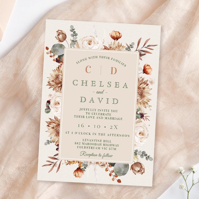 Convite Casamento Floral Rustic Brown Beige Monograma (Rustic Floral Wedding Invitation Template, Fall Floral Wedding Invite, Brown Cream Floral Wedding)