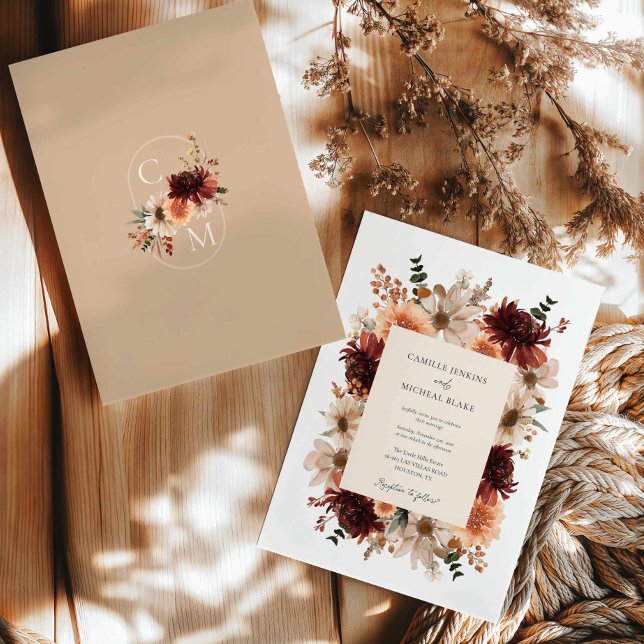 Convite Casamento Floral Rustic Burgundy (Fall Burgundy Floral Wedding Invitation)