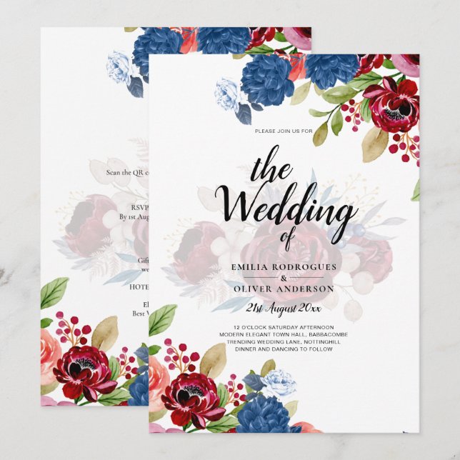 Convite Casamento Floral Rustic Burgundy Blue (Frente/Verso)