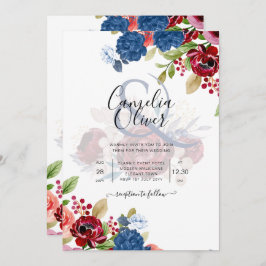 Convite Casamento Floral Rustic Burgundy Blue