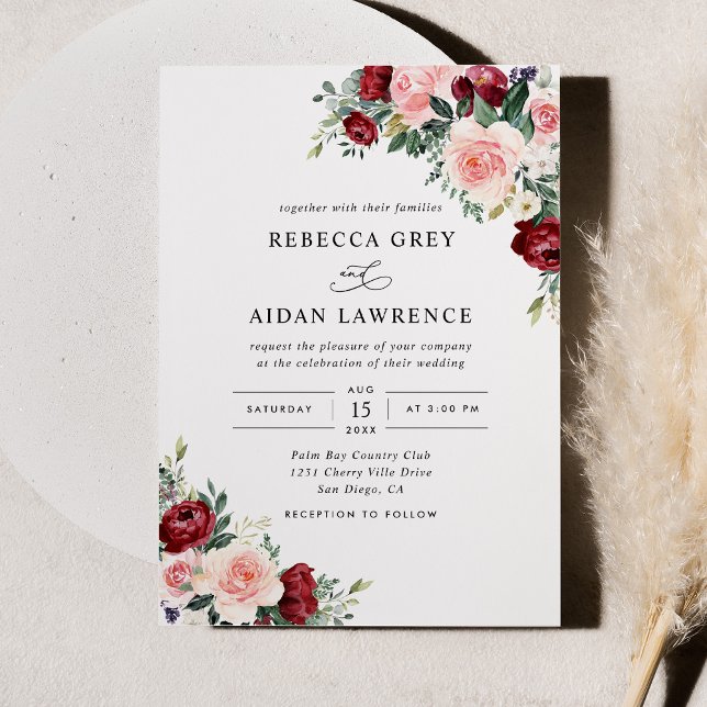 Convite Casamento Floral Rustic Burgundy Blush (Criador carregado)